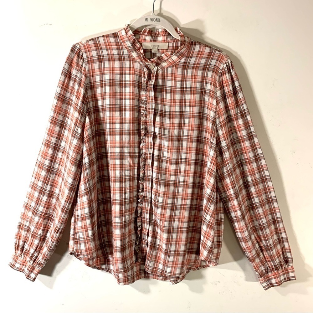 LOFT Orange Plaid Linen Rayon Ruffle Blouse 2/$35